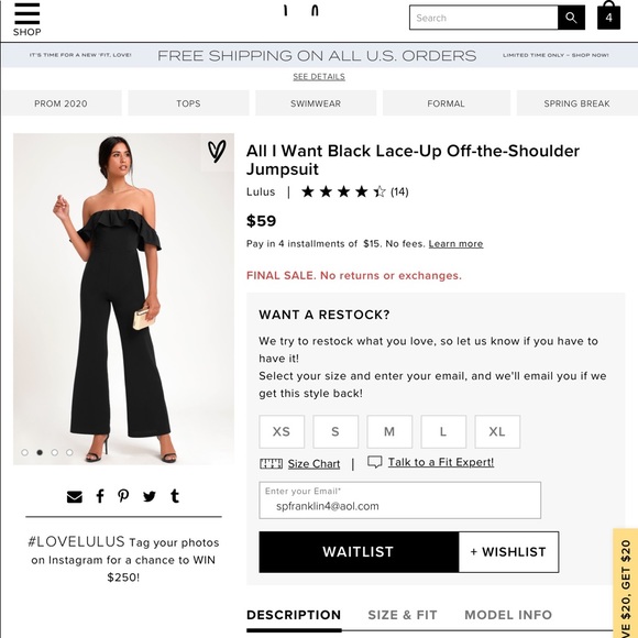 NWT Lulu’s black lace up off-the-shoulder jumpsuit - Picture 3 of 5